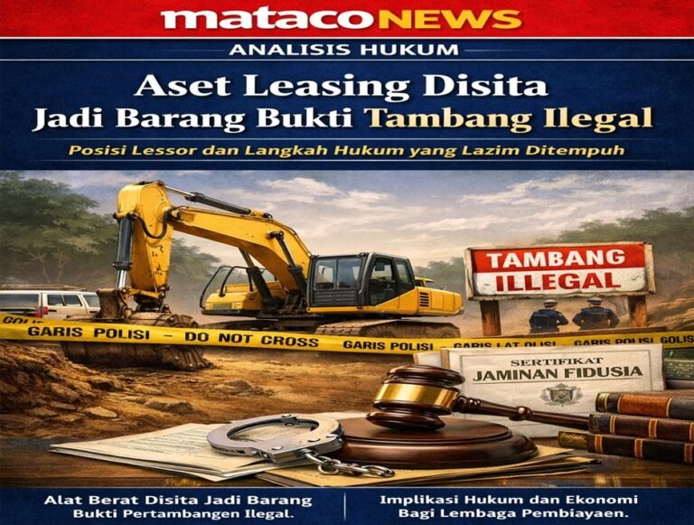 Alat berat excavator dipasangi garis polisi sebagai barang bukti perkara tambang ilegal, dengan simbol palu hakim dan sertifikat jaminan fidusia yang menggambarkan persinggungan proses pidana dan hak perdata lembaga pembiayaan atas aset leasing.