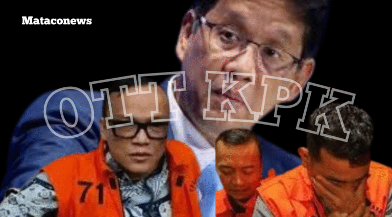 Alt text: Kolase gambar bertema OTT KPK dengan tiga tersangka mengenakan rompi tahanan oranye di bagian bawah, serta latar belakang Menteri Keuangan