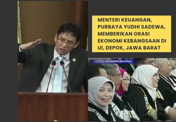 Menteri Keuangan Purbaya Yudhi Sadewa berorasi di acara wisuda Universitas Indonesia Depok 2026".